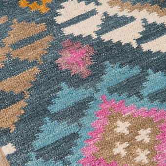 Wool Caravan Rug - Blue + Gold Diamond