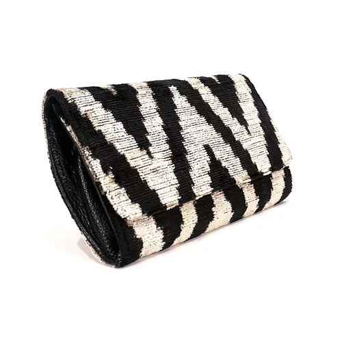 Turkish Silk Ikat Clutch - Natural Black & Cream